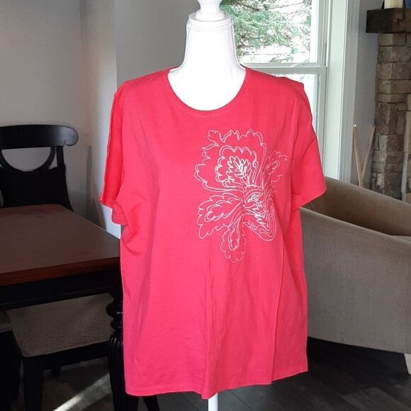 Hanes Perfect T Relaxed Fit Tee Shirt with Silver/Pink Flower - Picture 1 of 6